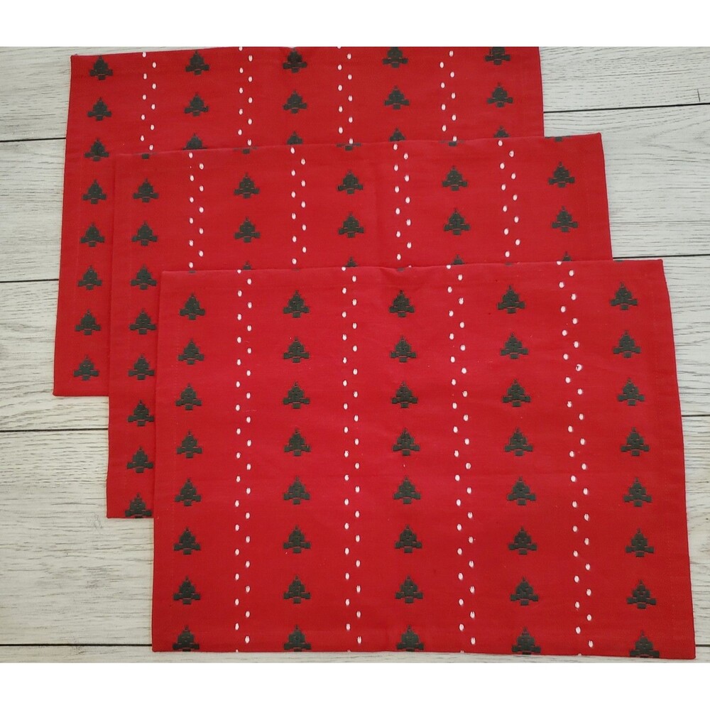 Crate & Barrel Snowy Woods Red Cotton Christmas Tree Placemats Set of 3 19" x 14